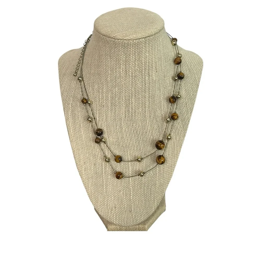 Lot 2 Tiger's Eye Stone Necklaces Chip Bead & Triple Strand Silver Tone Boho
